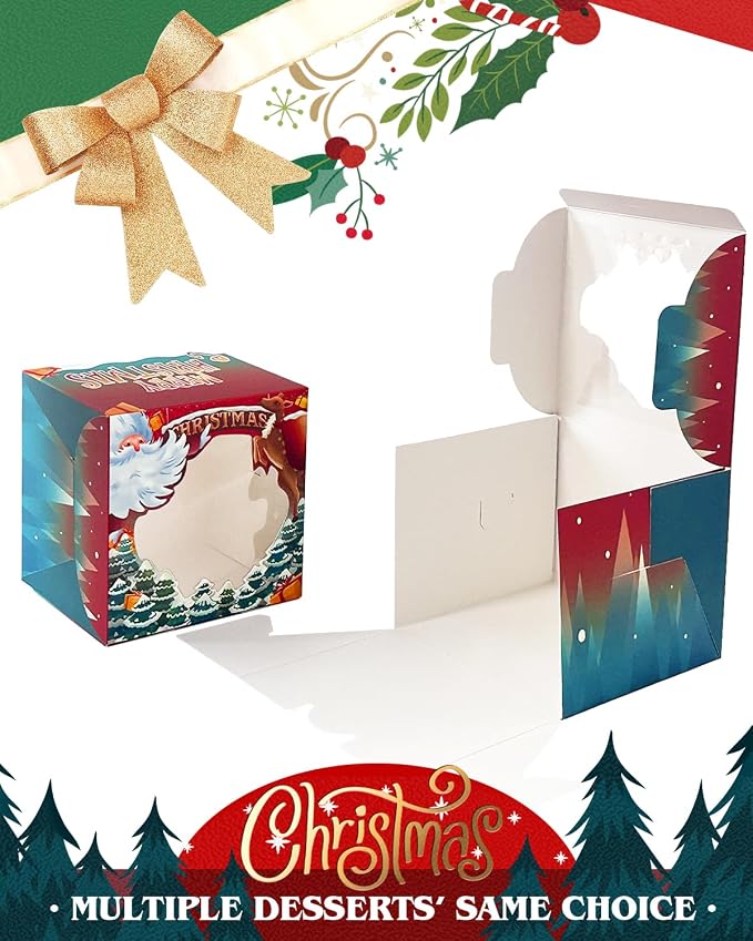 qiqee Christmas 10x10x5 Cake Box, 4 Sets Christmas Cake Box with Window ＆ 4 Sets 10 Inch Christmas Snow House Cake Round Boards, 10 Inch Cake Containers