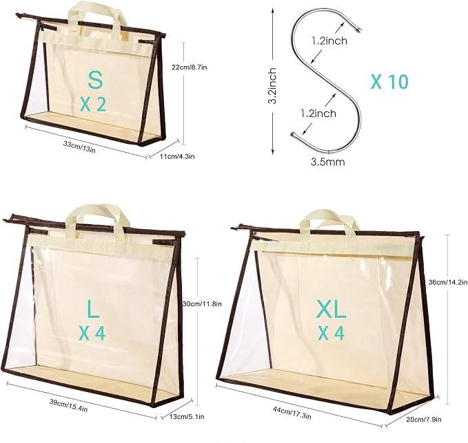 10 Set Handbag Storage Organizer Dust Bags for Purses Handbags Closet, Clear Purse Protector Storage Bag Dust Cover for Bags, Closet Organizer for Handbags with Hooks