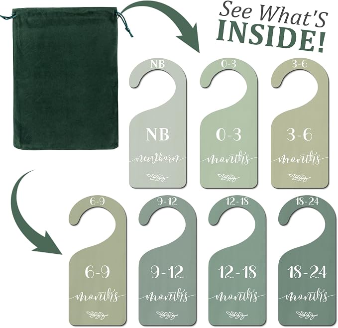 Whaline 7Pcs Green Wooden Baby Closet Size Dividers with Green Velvet Bag Newborn to 24 Month Thicken Infant Wardrobe Hanger Organizers for Home Nursery Supplies
