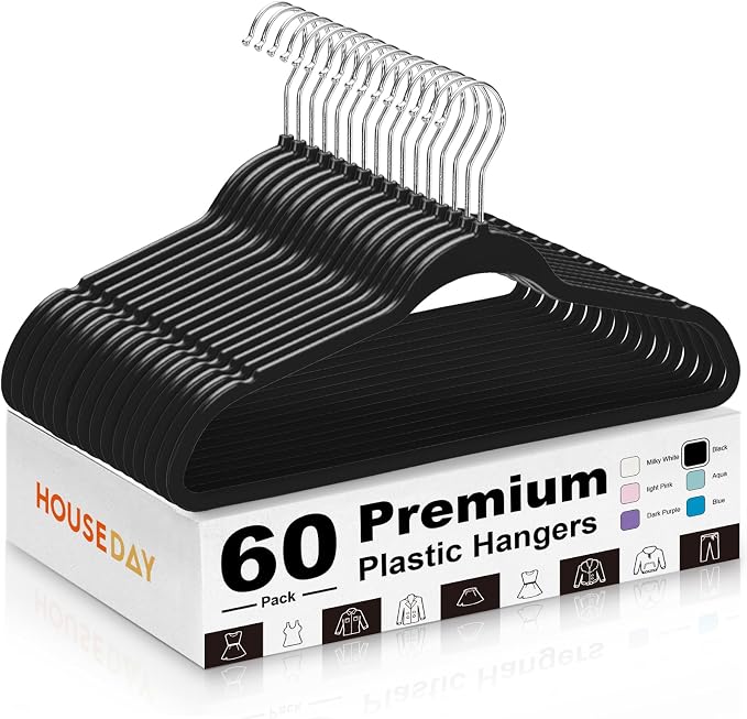 HOUSE DAY Black Plastic Hangers 60 Pack, Ultra-Thin Heavy Duty Non-Velvet | Hangers with 360° Swivel Hook & Non Slip Notches - Slim Space Saving Clothes Hangers Ideal for Dresses Coats Shirts Jackets