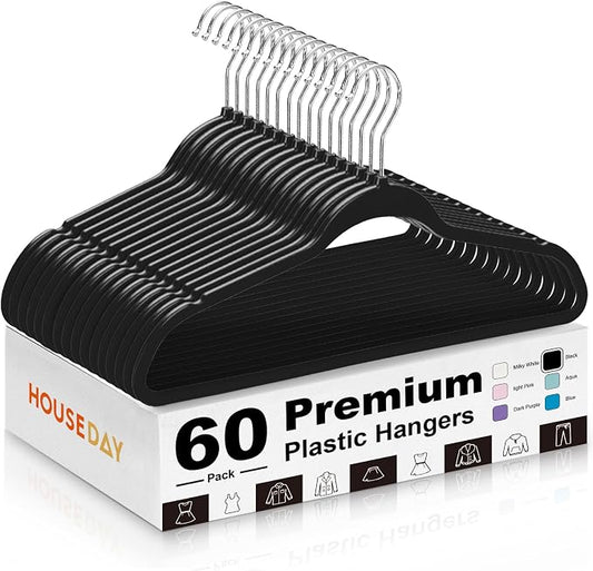 HOUSE DAY Black Plastic Hangers 60 Pack, Ultra-Thin Heavy Duty Non-Velvet | Hangers with 360° Swivel Hook & Non Slip Notches - Slim Space Saving Clothes Hangers Ideal for Dresses Coats Shirts Jackets