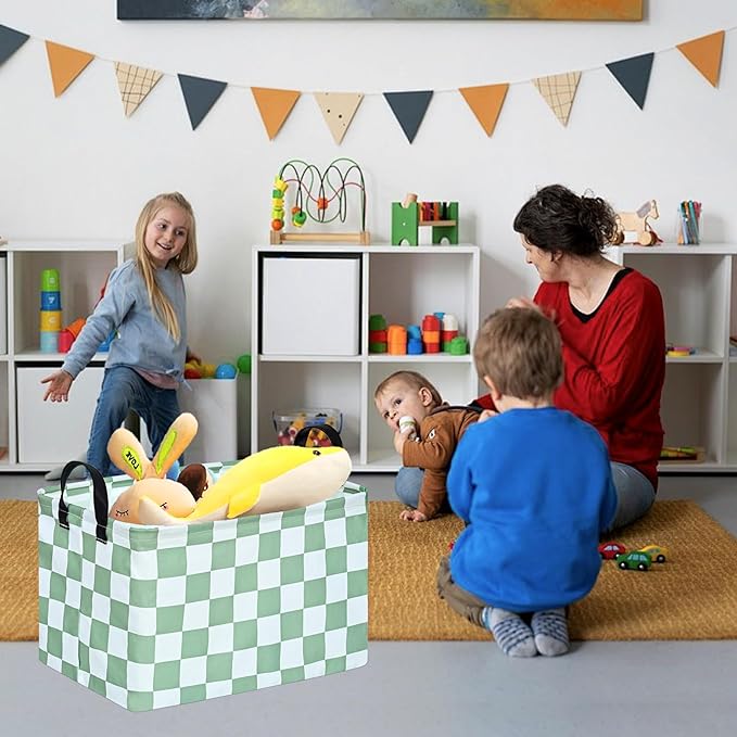 MAIZMZ Sage Checkered Storage Basket Baby Toys Organizer Bins Decorative Gifts Bakset Waterproof Nursery Hamper Women Storage Cube Kids Laundry Basket for Home/Dorm/Kitchen/Pet/Office/Closet/Shelf/