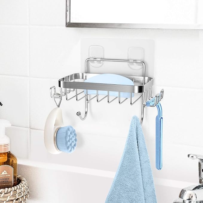 ODesign Soap Dish Holder SUS304 Stainless Steel with 6 Hooks Loofah Bath Sponge Towel Razor Holder for Bathroom Shower Kitchen Adhesive Wall Mounted No Drilling-Silver-2 Pack
