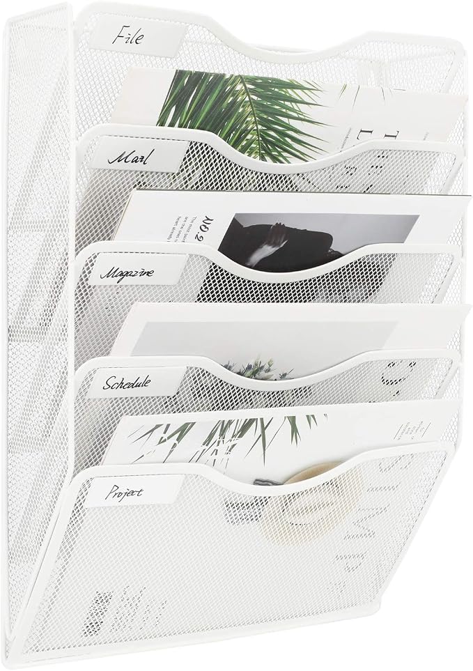 EasyPAG Wall File Organizer 5 Tier Hanging Paper Folder Holder, Zero Assembly Metal Mesh Wall Mounted Mail Organizer for Office Home Classroom Narrow Spaces, White