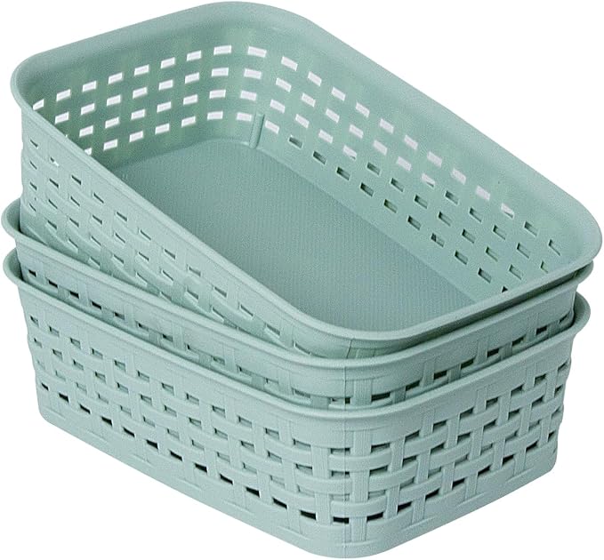 Soddeph Plastic Storage Baskets for Cabinets, Household Pantry Organization with Handle,Organizer Bins for Room,Bathrooms,Under-Sink,Kitchen (Green, XS-3PACK)