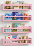 Forbena Pink Nursery Floating Shelves for Wall, Small Kids Wall Bookshelf for Baby Toddler Girls Room, Wood Nursery Hanging Book Shelves for Childrens Bedroom Toys Storage Organizer (Set of 4, Pink)