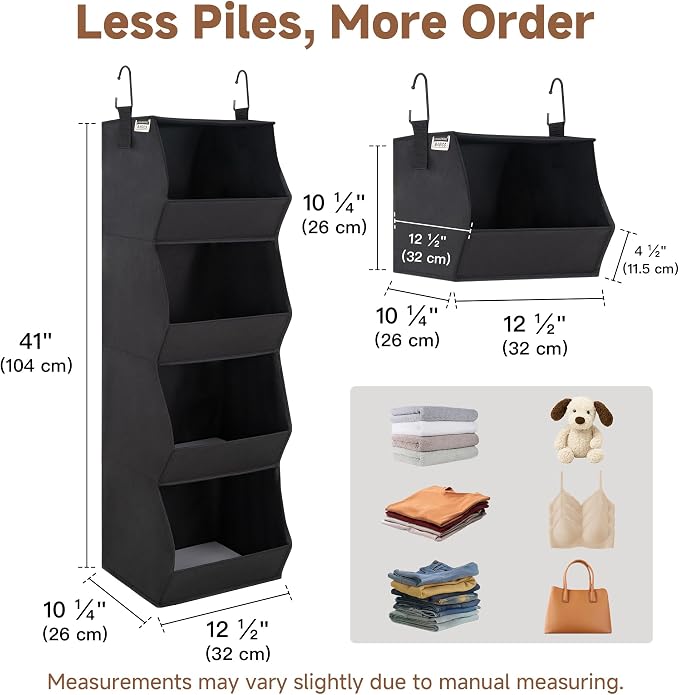 StorageWorks Basics Hanging Closet Organizer, 4-Shelf Wide Trapezoid Closet Shelves with Reinforced Anti-Sagging Support for Sweaters, Hoodies and Handbags, Foldable Storage Organizer, Black