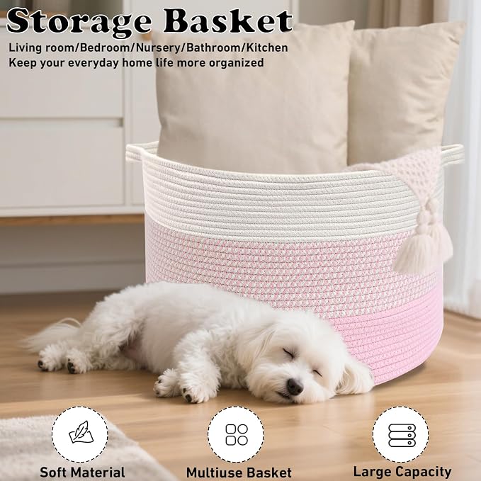 115L Extra Large Blanket Basket,Woven Rope Laundry Basket Hamper with Handles, Decorative Nursery Basket Storage Bin for Toys, Clothes Organizer, Living Room, Bedroom, Bathroom, Pink