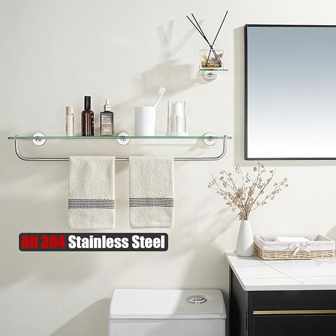 JQK Bathroom Glass Shelf, Shelf with 29 Inch Towel Bar Tempered Glass Shower Storage 30 by 5 inches, 304 Stainless Steel Brushed Finish Wall Mount, TGS100L30-BN