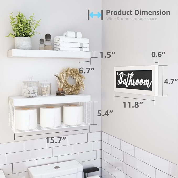 QEEIG ‎Bathroom Shelves Over Toilet - Paper Storage Wall Mounted Farmhouse Decor Decorations Aesthetic Décor Sign Small Floating Shelf 2+1 Set 16 inch, White (020WW)