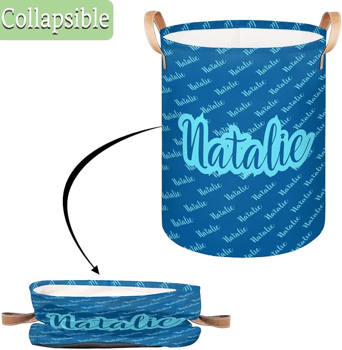 Personalized Laundry Basket, Custom Gift Laundry Hamper, Collapsible Nursery Waterproof Laundry Baskets, Dirty Clothes Toy Hamper with Handles Name Text Blue