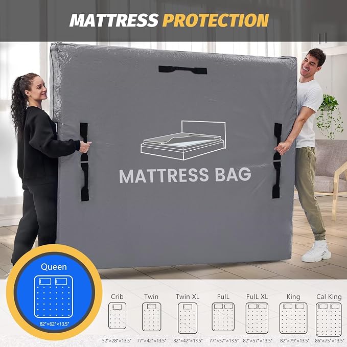 Mattress Bags for Moving and Storage, BETU Queen Mattress Protector Waterproof Mattress Cover with 8 Heavy Duty Handles and Zipper Extra Thick Moving Supplies for Bed Reusable (82x62x13.5 Grey)