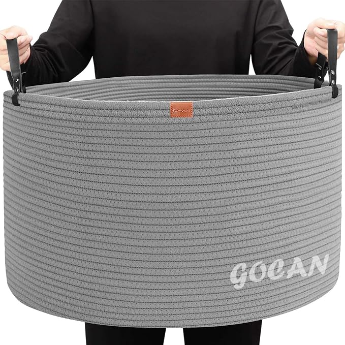 GOCAN Extra Large Storage Laundry Basket 22" X 22"X 14" Cotton Rope Woven Basket for Blanket with Handles for Living Room Toys Storage XXXL (Gery)