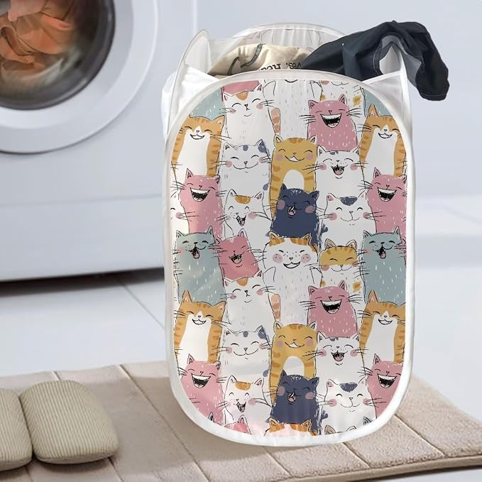 AFPANQZ Mesh Pop Up Laundry Hamper with Side Pocket Collapsible Design for Clothes Cartoon Cat Laundry Toys Nursery Save Place for Home Easy Folding for Travel 61L,13.5x13.5x21 inches