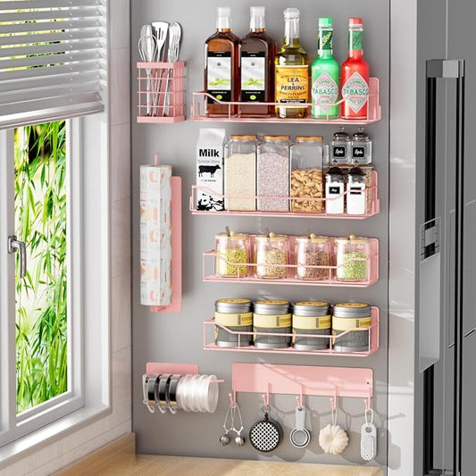 Magnetic Spice Rack for Refrigerator,8 Pack Magnetic Fridge Shelf, Moveable Spice Organizer with Hook Rack, Paper Towel Holder, Utensil Holder,cup lid holder, Super Magnetic Rack Set (Pink)