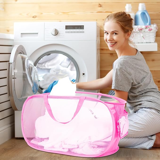 Durable Collapsible Laundry Baskets, Mesh Pop Up Laundry Hamper with Side Pocket, Foldable Clothes Storage Hamper with Reinforced Carry Handles for Laundry, Bathroom, Kids Room, Dorm or Travel Pink