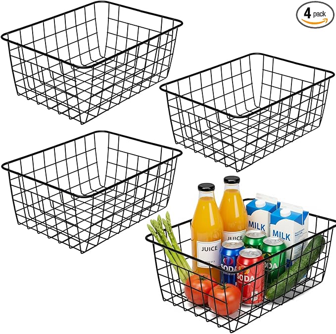 Kitchen Black Wire Baskets for organizing Farmhouse Decor Metal Food Storage Organizer, Household Storage BasketRefrigerator Bin with Handles for Cabinets,Pantry Set of 4 (Black)