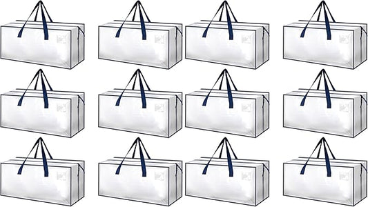 HealSmart 12 Pack Extra Large Moving Bags with Zippers & Carrying Handles, Heavy-Duty Storage Tote Moving Boxes for Dorm Room Essentials Storage Bags, Clear