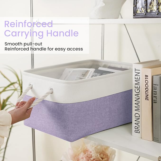 15.7x11.8x8.26 Inch Fabric Large Storage Bins with Handles 3 Pack | Foldable, Sturdy Metal Strand, Cardboard Support Molding, Fabric Storage Baskets for Shelves, Closet, Bedroom, White/Purple