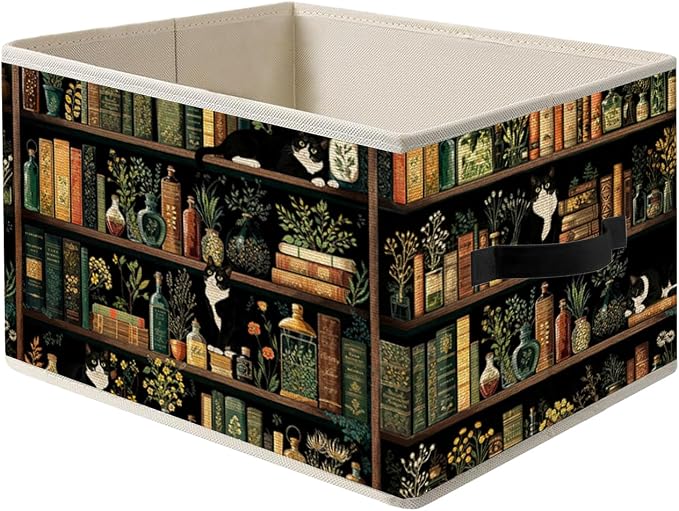 Tuxedo Cat Book Storage Bin Box with Handles, Book Reading Lover Decor and Gifts, Bookish Foldable Organizer Basket Toybox for Reading Corner Nook Library Home Books