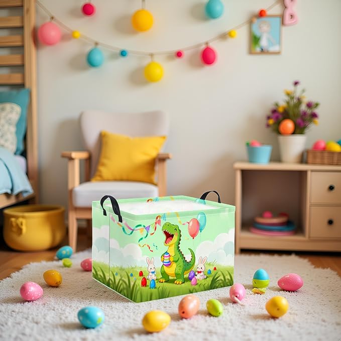 Rectangular Easter Basket for Home Kitchen Baby Girls Basket Cute Storage Bin Organizer Shelf Book Room Decor(Happy Dinosaur)