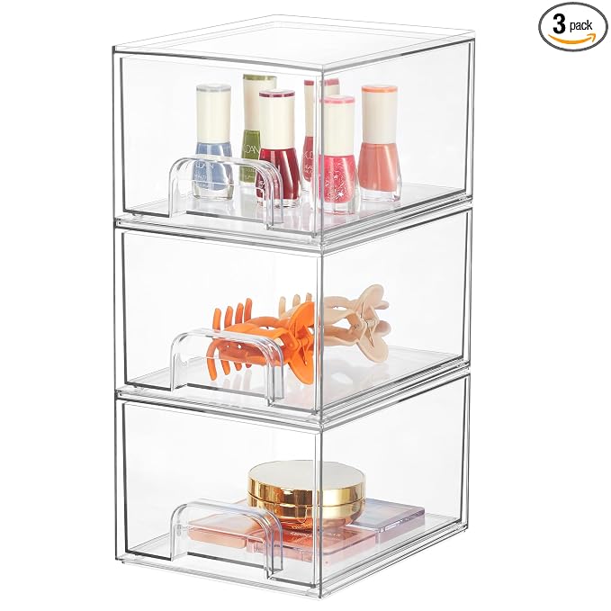 Syntus 3 Piece Set Stackable Makeup Organizers, 4.4'' Tall Acrylic Drawer Organizer, Clear Plastic Cosmetics Storage Drawers for Vanity, Undersink, Bathroom Organizer, Skincare, Kitchen Cabinets