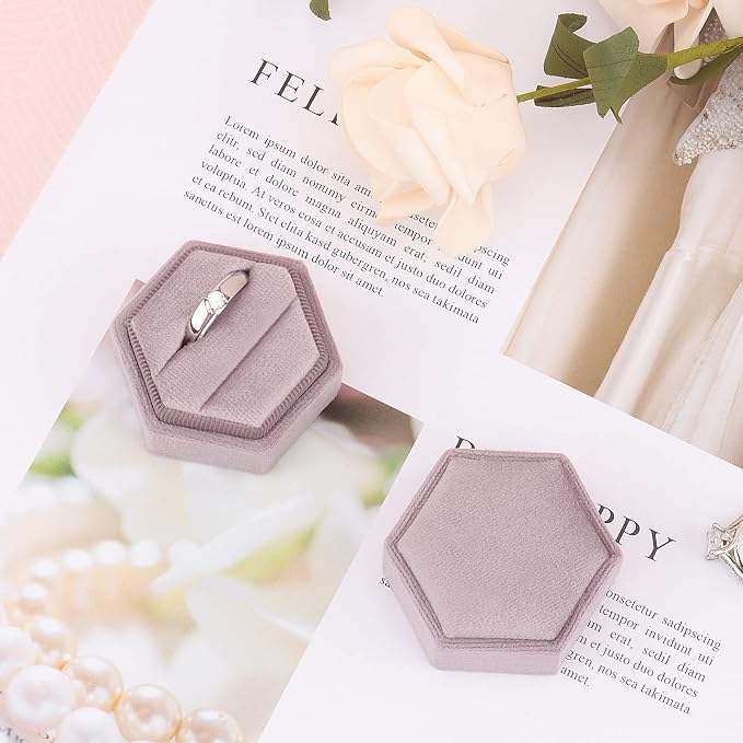 DesignSter Hexagon Velvet Ring Box - Premium Gorgeous Vintage Double Ring Display Holder with Detachable Lid for Proposal, Engagement, Wedding, Ceremony(Vintage purple)