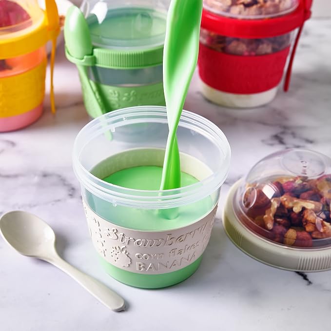 Crystalia 4 Pack 17 oz On The Go Yogurt Parfait Cups with Lids, Mini Breakfast On the Go Plastic Bowls with Topping Cereal Oatmeal Container with Spoon for Lunch, Portable & Reusable, Colorful Set