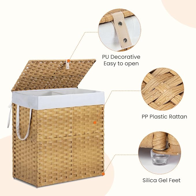 DUMOS Wicker Laundry Basket with Lid, 110L Woven Laundry Hamper with Handles, Foldable Rattan Clothes Hamper with Removable Liner & Sturdy Steel Frame, Goose Yellow