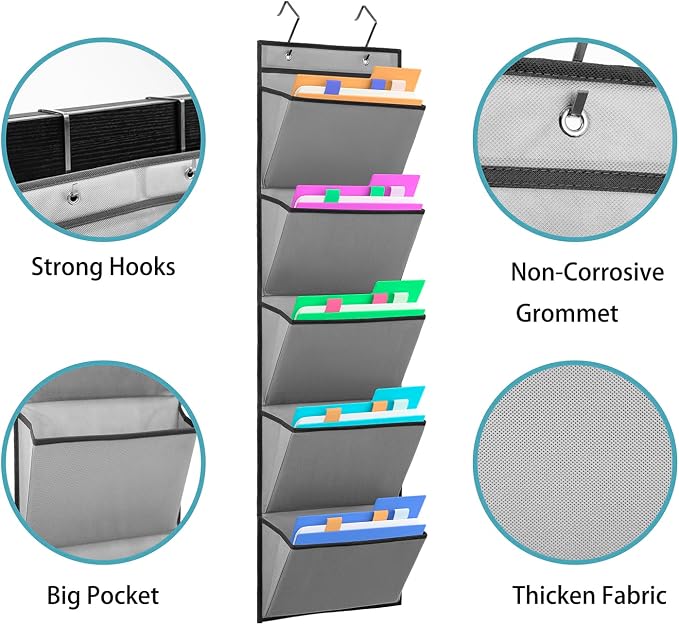 Wall Mounted Hanging Mail Organizer Back to School Paper Organizer File Holder for Classroom Office Organization (5 POCKETS-GREY)