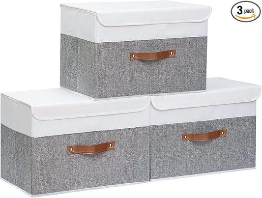 Yawinhe Collapsible Storage Bin, Cube Organizer Basket, Fabric Box with Lids, Washable and Leather Handle, for Home, Closet, White/Grey, 13.0''Lx9.0''Wx7.9''H, 3-Pack, SNK024WGS-3
