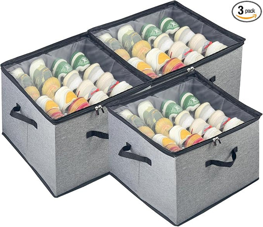 Shoe Organizer for Closet, 3 Pack Shoe Storage Bins with Clear Cover, Adjustable Dividers Fits 24-48 Pairs, Grey