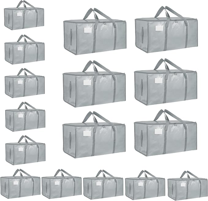 16 Pack-Extra Large Heavy Duty Moving Bags - Waterproof Storage Totes with Handles & Zippers, Foldable for College Dorm, Storage (light gray)