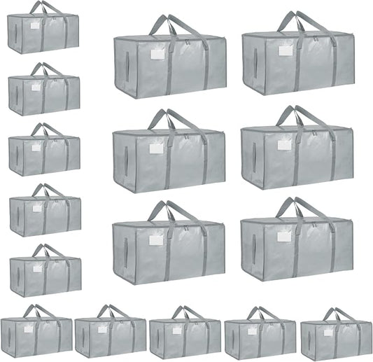 16 Pack-Extra Large Heavy Duty Moving Bags - Waterproof Storage Totes with Handles & Zippers, Foldable for College Dorm, Storage (light gray)