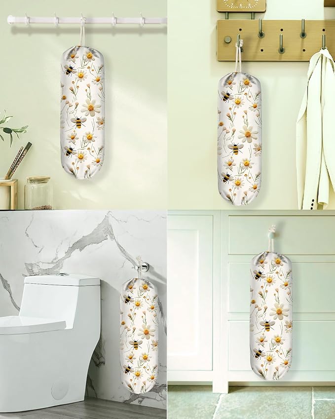 Plastic Bag Holder Organizer - 1 Pack Reusable Canvas Grocery Bags Holder Hanging Wall Cute Aesthetic Shopping Bag Storage Dispenser with Drawstring Closure for Kitchen Home, Flower Bee