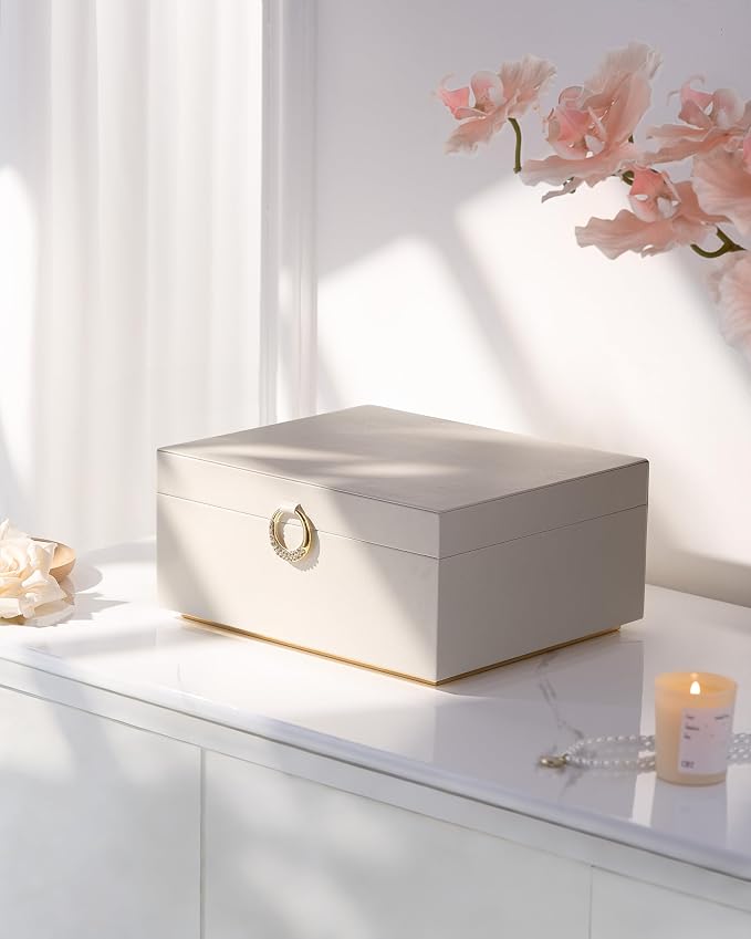 pickpiff 2 Layer Jewelry Box Organizer for Women, Jewelry Organizer with Handle & Removable Tray, Necklace Holder Ring Earring Storage, Velvet Lined Jewelry Case for Home or Travel, Gift Ready, Beige