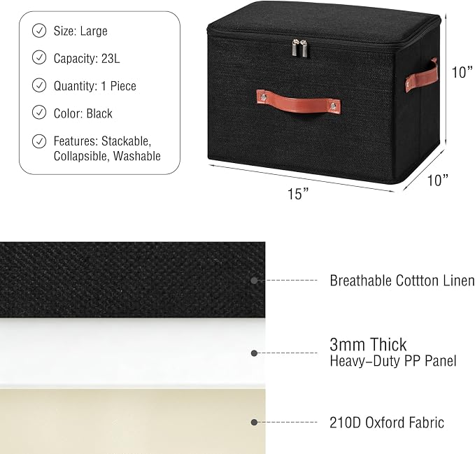 Storage Bin Box with Zippered Lid Cotton Linen Fabric Decorative Basket with PU Leather Handles PP Plastic Board Foldable Lidded Clothing Shelf Closet Organizer Container (Black, Large)