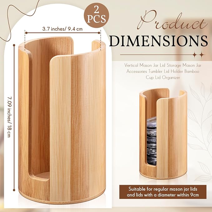 Suclain 2 Pcs Mason Jar Lid Organizer (Only for Wide Mouth) Bamboo Vertical Mason Jar Lid Storage Accessories Tumbler Lids Holder Cup Lids Organizer for Home Kitchen Countertop Cupboard