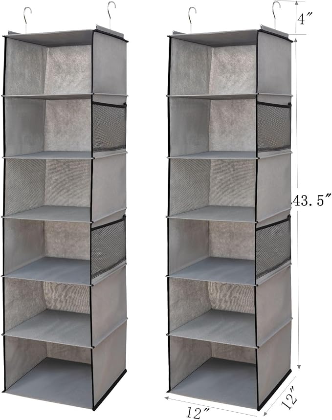 BrilliantJo 6 Shelves Hanging Closet Organizer, 2 Pack Hanging Storage with 4 Side Pockets for Clothes Shoes, 43.5"x12"x12"(Grey)