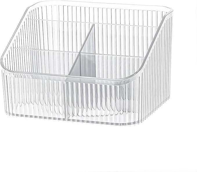 DASITON Large Capacity Makeup Brush Holder,5 Slot Makeup Brush Cup,Vintage striped Make Up Brush Holder,for Vanity Decor,Bathroom Countertops,Desk Storage Container,Cosmetic Display cases(Clear-L)