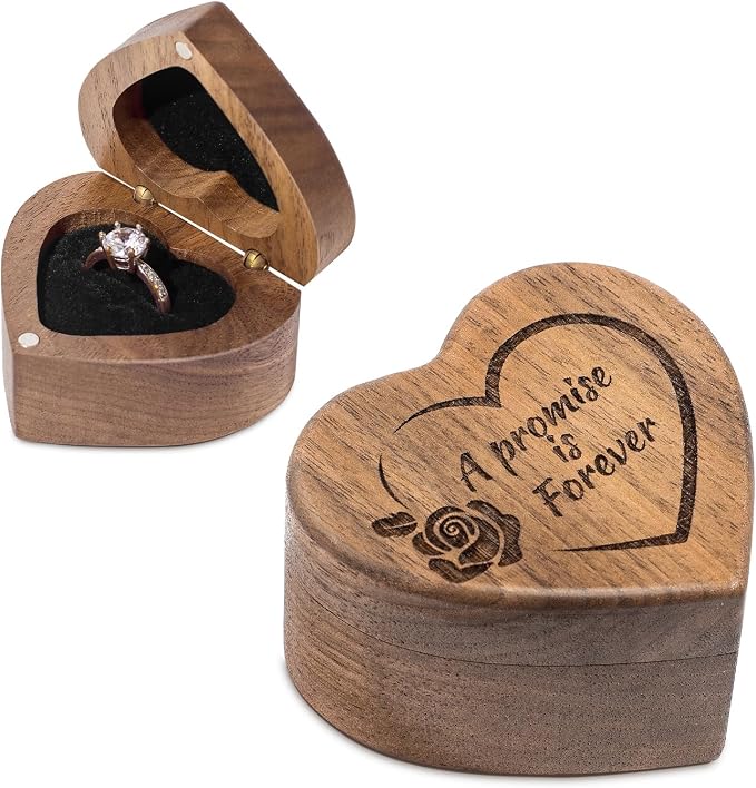Engagement Proposal Ring Box Secret Slim Engraved Wooden Heart Case | Engrave"A Promise is Forever", Walnut Wood Ring Bearer Box Jewelry Storage Holder Display for Wedding Ceremony Commemoration