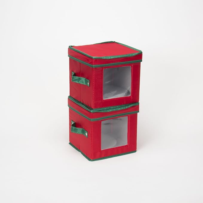 Household Essentials 532RED Holiday China Dinnerware Storage for Dessert Plates or Bowls | Removable Lid | Red Canvas with Green Trim (Pack of 12)