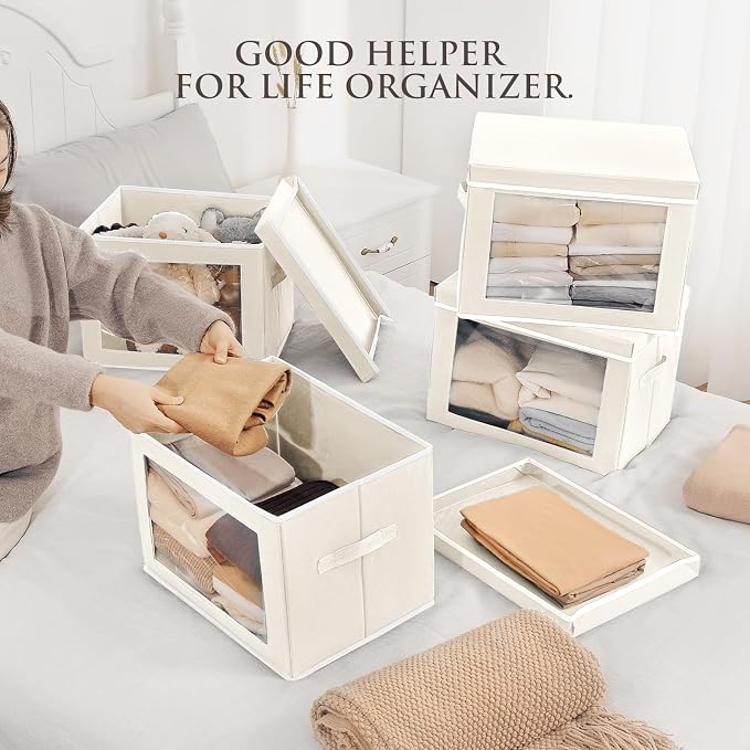Homsorout Large Storage Bins with Lids - Fabric Storage Cubes with Window, Collapsible Bins for Clothes, 15.7 Inch Large Baskets for Bedroom, Dorm, Office, Beige, 6 Pack