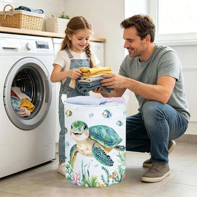 Clastyle Large Fish Sea Turtle Baby Basket Ocean Coral Seaweed Starfish Toy Book Shelf Basket Waterproof Pool Toy Beach Towel Storage Bin Collapsible Dirty Clothes Hamper, Blue, 36 * 45 cm