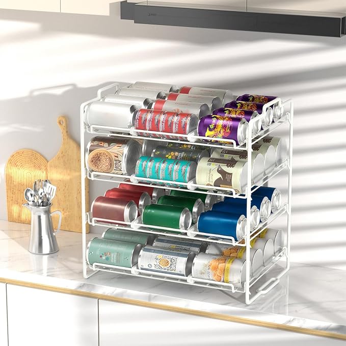 4 Tiers Stackable Can Rack Organizer, Wear-resistant Upgrade Beverage Food Can Dispenser Holder Holds up to 48 Cans for Kitchen Cabinet and Pantry (White)