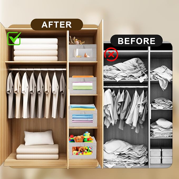Linen Bins 3 Pack, Foldable Storage Organizer with Window, Beige | 16"x11"x7" size fits standard closet shelves and cubbies—neatly corrals clothes, towels, and jeans, with a clear window
