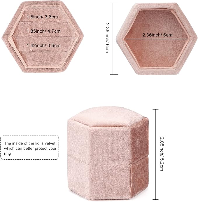 WantGor Velvet Jewelry Ring Box, 3 Slots Hexagon Ring Gift Box Ring Holder | Vintage Ring Display Case for Wedding Ceremony Proposal Engagement (Blush Peach, 3 Slots)