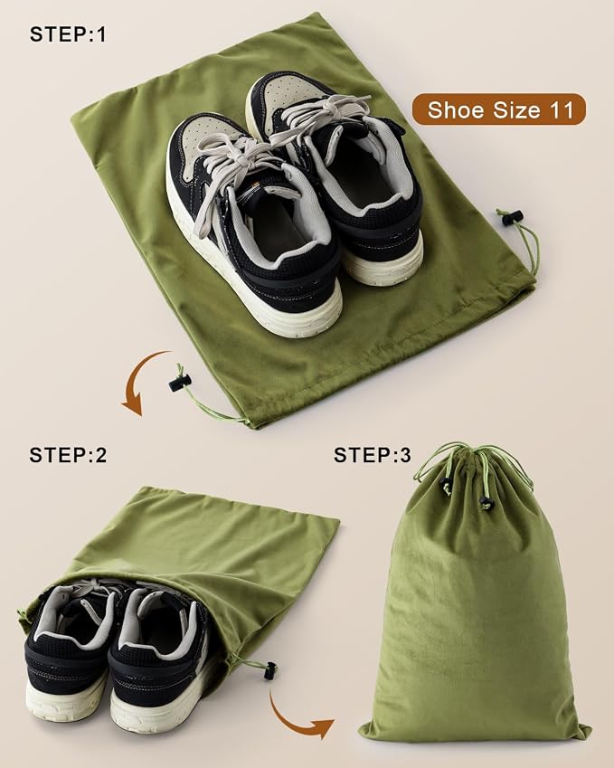4 Pcs Shoe Bags for Travel, Dust Velvet Bags, Sage Green, 17.3x12.6 Inch | Washable & Reusable Travel Shoe Bags, Dustproof Shoe Bags with Drawstring Closure, Suitable for Travel, Home Storage