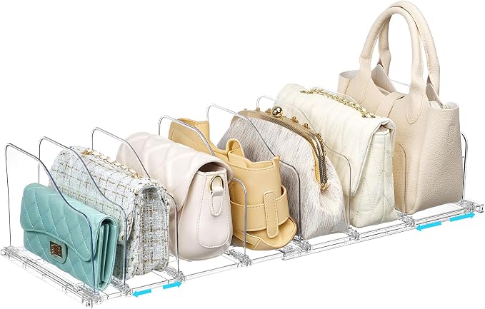 Vtopmart Free-Adjustable Purse Organizer for Closet with 1 Extendable Base & 8 Slide-Freely Dividers, Fits Different Bag Sizes & Closet Shelf, Customizable Spacing Shelf Dividers for Handbags, Wallets