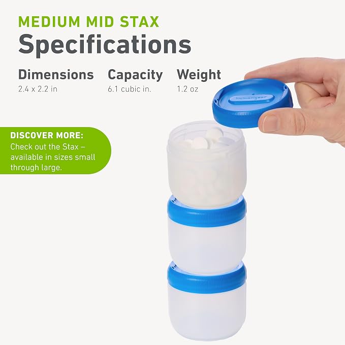 humangear STAX, Stackable Snack Containers - Leak-Proof Snack Travel System - FDA-Food Safe, BPA/PC/Phthalate-Free - Stackable & Click-Together Food Storage, Medium Mid 12-Pack, Clear/Blue
